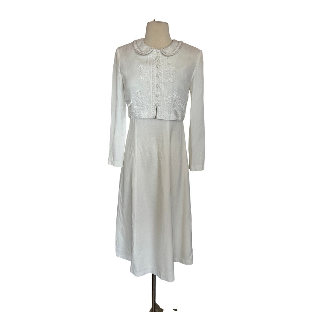 karin stevens White Long Sleeve Midi Dress Soutache Embroidery Collar Bolero 6P - Picture 1 of 16